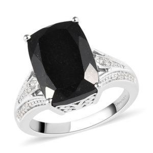 Australian Black Tourmaline, Natural White Zircon Split Shank Ring in Platinum